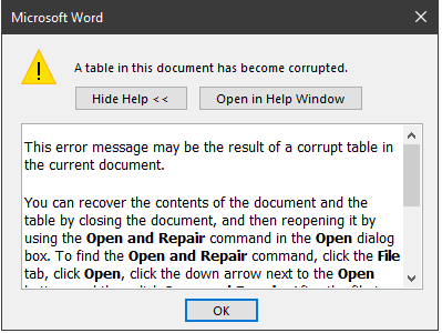 MS Word Error Message