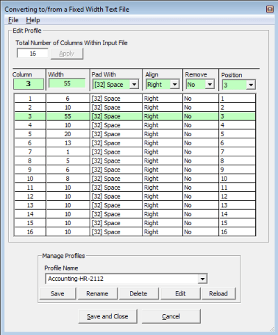 Fixed Width Text Files Editor. Definition specified row by row.