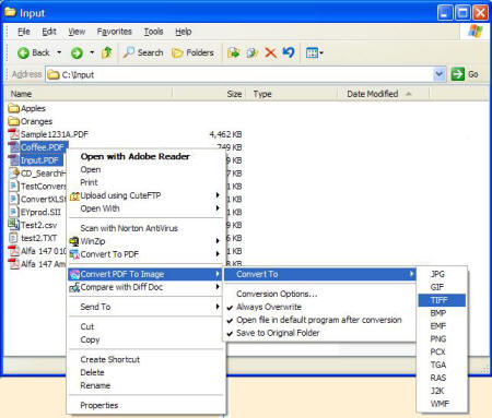 convertir Tiff a PDF context menu item